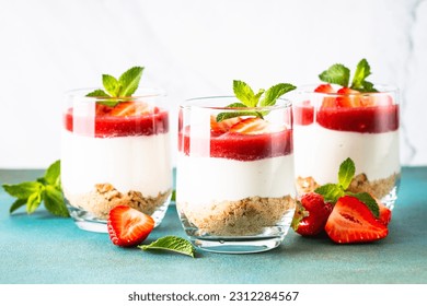 Strawberry cheesecake in glass, no baking dessert.