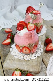 Strawberry Cheesecake Parfait With Cacao AndGranola Layer, Topped With Coconut Yogurt - Vegan 