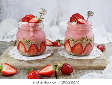 Strawberry Cheesecake Parfait With Cacao And   Granola Layer, Topped With Coconut Yogurt - Vegan 