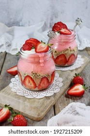 Strawberry Cheesecake Parfait With Cacao And Granola Layer, Topped With Coconut Yogurt - Vegan 