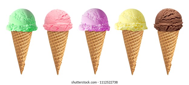 Strawberry, chocolate, mint mixed colorful ice cream scoops in cones isolated on white background