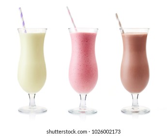 Strawberry, chocolate and vanilla milkshake isolated on white background