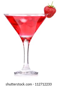 Strawberry Cocktail With Berry In Glass Isolated On White Background