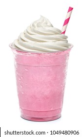 Strawberry and creme frappuccino, latte or milkshake with creme in takeaway cup on white background