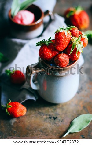 Similar – Foto Bild Frische Erdbeeren im Sieb und Marmelade im Glas