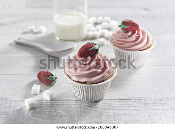 Strawberry Cupcakes Couple On White Wooden Stock Photo Edit Now