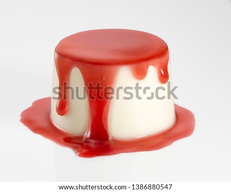 Strawberry custard with strawberry jam and strawberry coulis on a white background