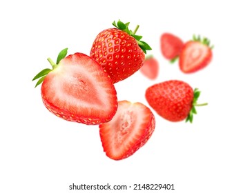 Strawberry with cut in half levitate isolated on white background, - Powered by Shutterstock