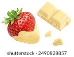 Strawberry, dipped in liquid white chocolate, with white chocolate pieces and chips