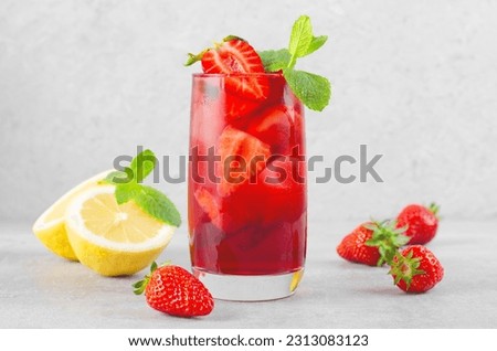 Strawberry Drink, Refreshing Cocktail, Lemonade, Iced Tea, Red Cold Summer Drink on Bright Background