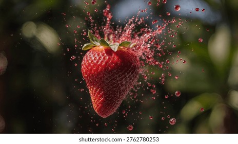 Strawberry exploding in mid air with juicy slices background