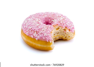 strawberry flavoured donut witha bite taken out isolated on white