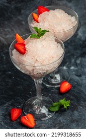 Strawberry Frose Cocktail With Pink Wine Frose Slushy Smoothy Alcoholic Beverage. Boozy Frozen Rose Frose.