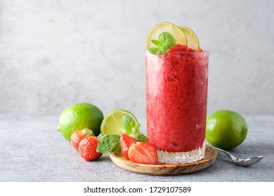 Strawberry Granita Or Sorbet With Mint And Lime. Traditional Italian Summer Dessert. Berry Ice Cream