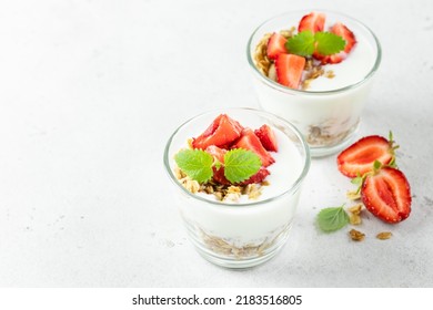 Strawberry Granola Greek Yogurt Parfait In Glasses. Top View, Copy Space,flat Lay.