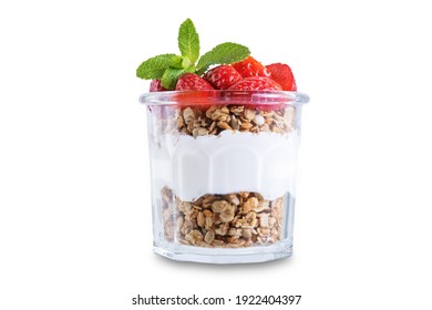 Strawberry Greek Yogurt Granola Parfait In A Glass On A White Isolated Background. Toning. Selective Focus
