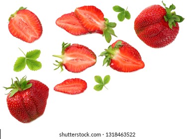 Strawberry with green leaf and slices isolated on white background. Healthy food. top view - Shutterstock ID 1318463522