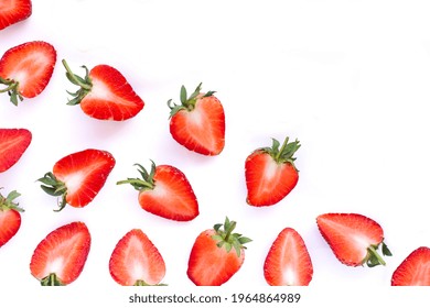 Strawberry Half Sliced Isolated On White Background. Top View. Flatlay. Strawberry Seamless Pattern Texture For Background. Copy Space For Text.