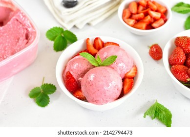 Strawberry Ice Cream In Bowl. Cold Summer Dessert 