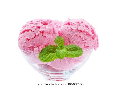 Strawberry ice cream in bowl  isolated on white.