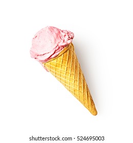 Strawberry Ice Cream With Cone. Sweet Dessert. Single Object On White Background Clipping Path Included. Flat Lay, Top View