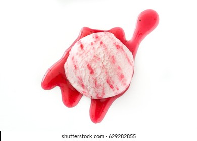 Strawberry Ice Cream Scoop And Syrup Isolated On White Background. Top View
