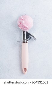 Strawberry Ice Cream In A Spoon. Top View