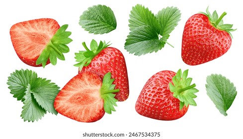 Strawberry isolated. Strawberry with half on white background. Strawberry fruit with leaf. With clipping path