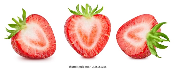 Strawberry isolated on white background. Strawberry half macro studio photo. Strawberry with leaves. With clipping path