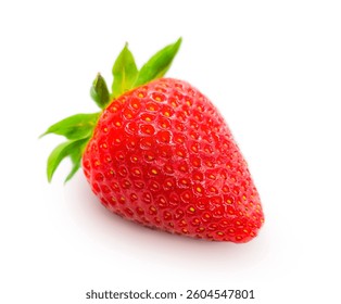 Strawberry isolated on white background. Single ripe fresh strawberry closeup isolated on white background. Fresh red vibrant strawberry isolated. 