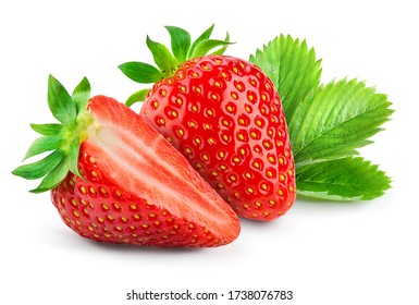 Strawberry isolated. Strawberries with leaf isolate. Whole, half, cut strawberry on white. Strawberries isolate. Side view organic strawberries. Full depth of field. - Shutterstock ID 1738076783