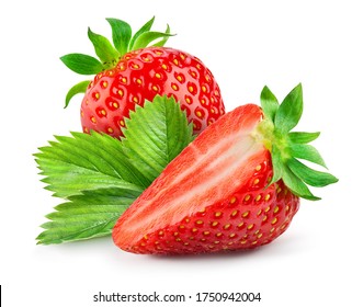 Strawberry isolated. Strawberries with leaf isolate. Whole, half, cut strawberry on white. Strawberries isolate. Side view organic strawberries. Full depth of field. With clipping path. - Shutterstock ID 1750942004