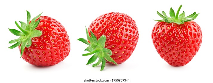 Strawberry isolated. Strawberries with leaf isolate. Whole strawberry on white. Strawberries isolate. Top view strawberries set. Full depth of field. - Shutterstock ID 1750959344