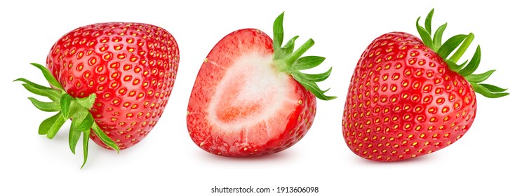 Strawberry isolated. Strawberries with leaf isolate. Whole strawberry and half on white. Strawberries collection. - Shutterstock ID 1913606098