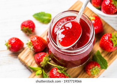 Strawberry jam in the glass jar