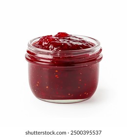 Strawberry jam in glass jar isolated on white background. Raspberry or strawberry jam in gar.