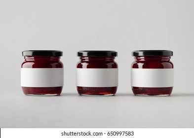 Strawberry Jam Jar Mock-Up - Three Jars. Blank Label