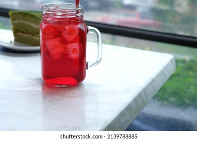 Strawberry Juice In Jar. Selective Focus