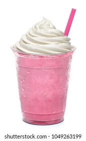 Strawberry Latte Or Frappuccino Milkshake With Creme On White Background