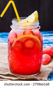 Strawberry Lemonade, Beverage.Fruit Infused Water With Strawberries And Lemon In Mason Jar.