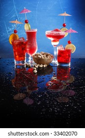 Strawberry Margarita And Daiquiri, Cosmopolitan On The Rocks And Grenadine Fizz With Pistachio