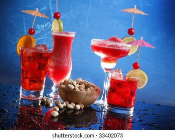 Strawberry Margarita And Daiquiri, Cosmopolitan On The Rocks And Grenadine Fizz With Pistachio