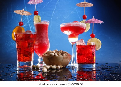 Strawberry Margarita And Daiquiri, Cosmopolitan On The Rocks And Grenadine Fizz With Pistachio