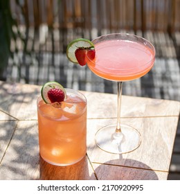 Strawberry Margarita Two Ways: Up In A Coupe And On The Rocks In A Tumbler