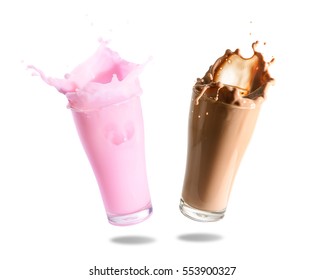 Strawberry milk and chocolate milk splashing out of glass., Isolated white background.