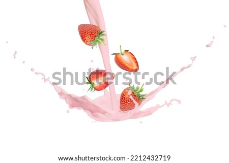 Strawberry milk splash with fresh strawberries falling isolated on white background.