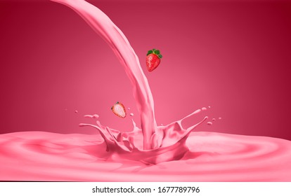 : strawberry milk splash with ripples around strawberry milk shake natural fresh milk