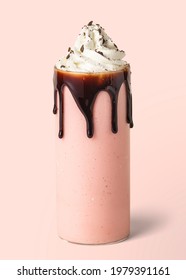 Strawberry milkshake with chocolate sauce on background mockup