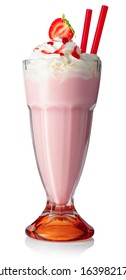 strawberry milkshake in glass with whipped cream and red syrup isolated on white background