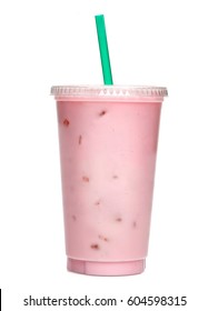 Strawberry Milkshake In Take Away Cup Mockup Or Mock Up Template Isolated On White Background With Clipping Path